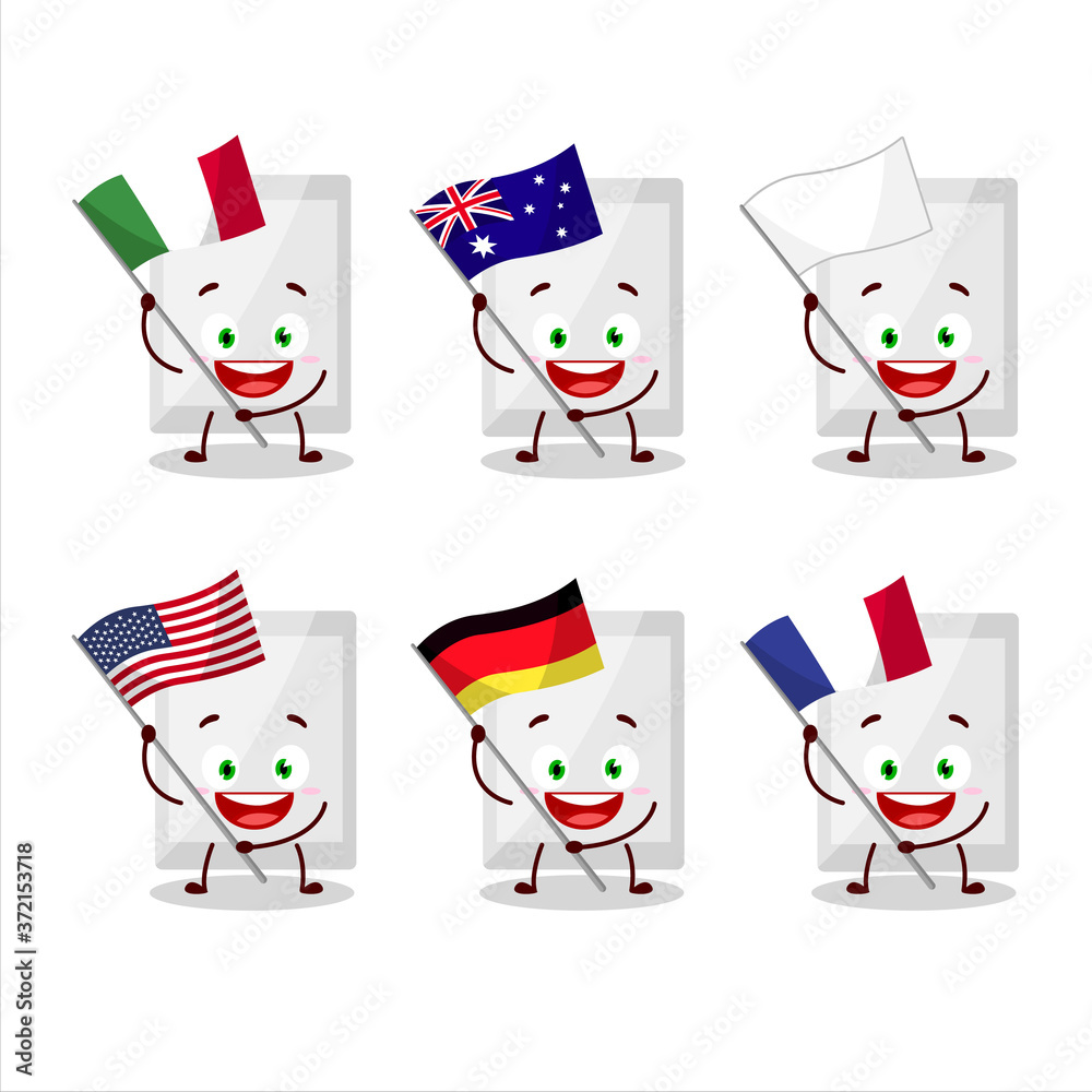 Poster White tablet cartoon character bring the flags of various countries