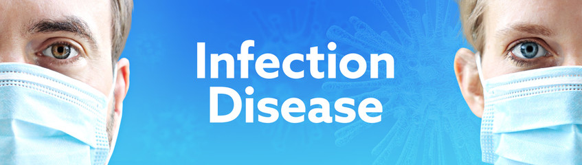 Infection Disease (Coronavirus). Faces of man and woman with face mask. Couple wearing breathing mask. Blue background with text. Covid-19, coronavirus