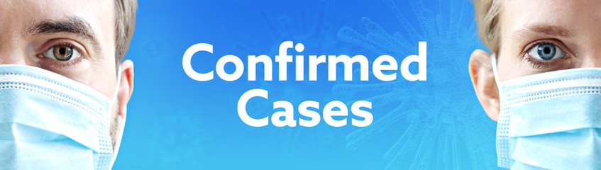Confirmed Cases (Coronavirus). Faces of man and woman with face mask. Couple wearing breathing mask. Blue background with text. Covid-19, coronavirus
