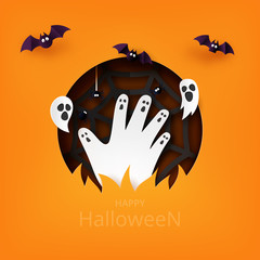 Happy Halloween banner background template paper art style.Zombie hand rising from graveyard with flying bat,ghost and spider web.Vector illustration.
