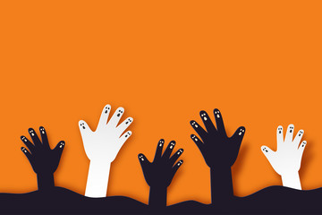 Halloween background paper art style.Zombie hand rising from graveyard.Vector illustration.