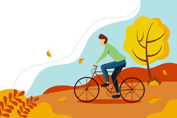 Fototapeta premium Guy in a sweater riding a bike in the park. Autumn illustration in flat style.
