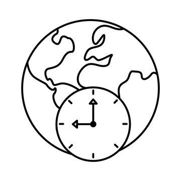 world planet earth with continents and time clock line style icon