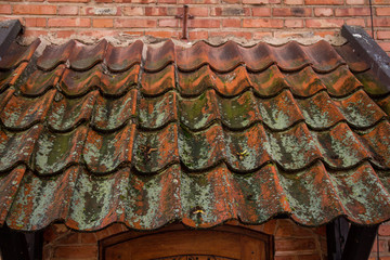 Moss covered roof tiles in Malbork, Poland