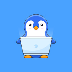 Cute penguin work online on computer laptop vector outline illustration mascot