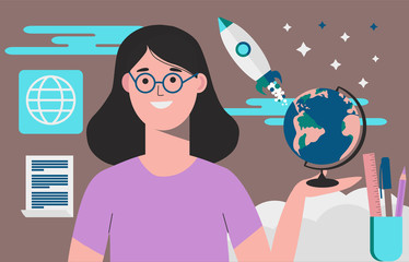 Teacher in Geography Class. Teacher woman character. Online lesson. Vector cartoon flat illusrtation