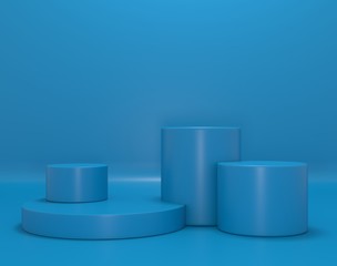 3d render. Blue shapes on Blue abstract background. Minimal cylinder podium