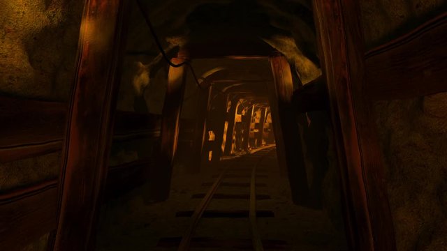 3D Animation of Abandoned Mine Tunnel with Ore Cart Tracks.  Camera moves down shaft in dim lit passage.