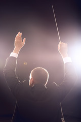 Male conductor on dark background, back view