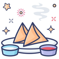 
Fried samosas served in a tray with sauces, flat vector style 
