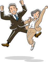 ジャンプするベテラン会社員の男女
