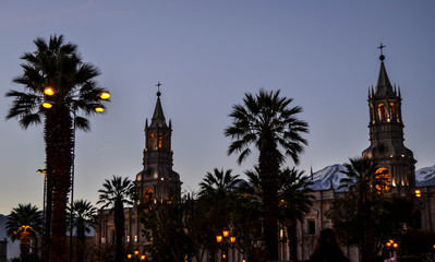 Fototapeta na wymiar Sunset in Arequipa, Plaza del Armas, Peru.