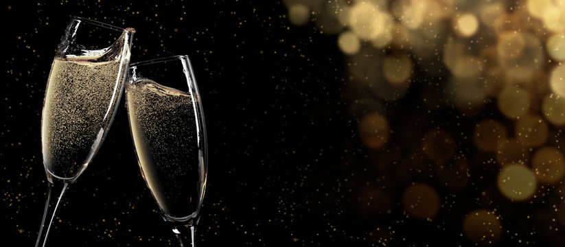 Christmas and New Year greeting card with champagne