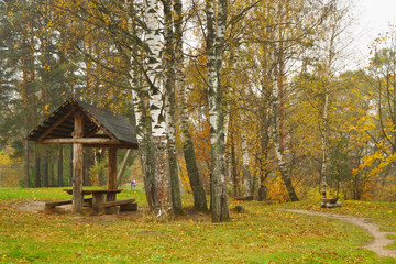 Fototapeta na wymiar Autumn landscape in the park after rain with selective soft focus. Wooden gazebo for secluded relaxation in the autumn park. Autumn romantic mood.