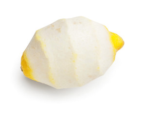 Peeled fresh lemon on white background