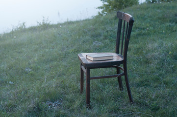 Fototapeta na wymiar Antique wooden chair and book. Relax on the grass. Loneliness and depression concept.