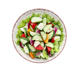 Plate with tasty cucumber salad on white background