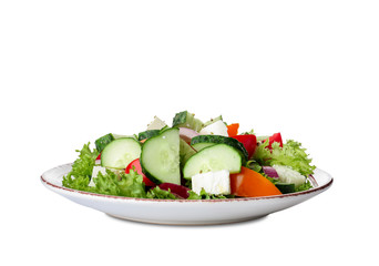 Plate with tasty cucumber salad on white background