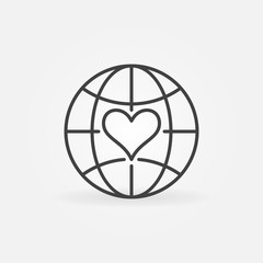 Earth Globe with Heart line icon - sponsorship and kindness vector concept outline symbol