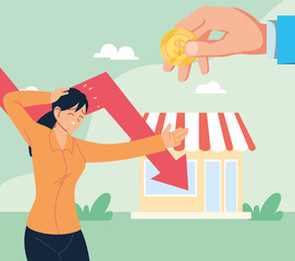 businesswoman with headache and decrease arrow in front of store vector design