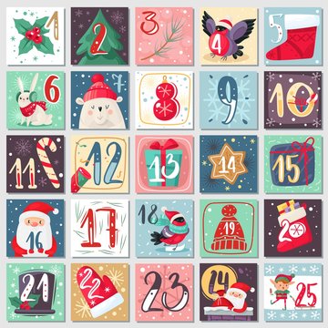 Christmas advent calendar. Winter festive poster with rabbit, bear and santa, xmas decoration and numbers, december calendar vector template