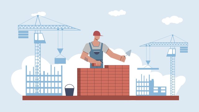 Builder builds brick wall. Worker in uniform and helmet work with trowel, male character on crane builds skyscraper background home renovation flat vector cartoon concept