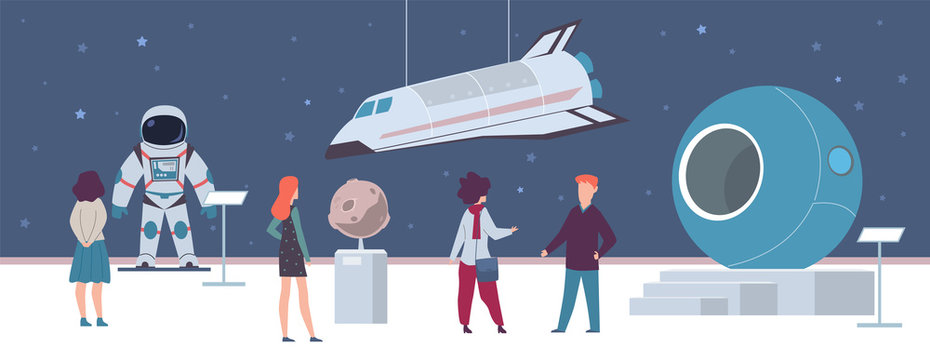 Space exhibition in museum or art gallery. Visitors men and women looking spacecraft and rocket sculpture, excursion about galaxy and solar system, flat cartoon vector illustration