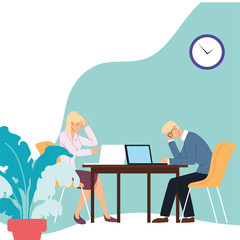 businessman and businesswoman with headache at desk vector design