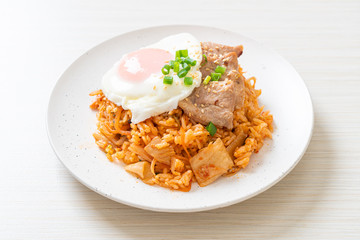 Kimchi fried rice with fried egg and pork