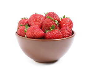 Fresh ripe strawberries in bowl isolated on white