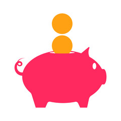 Pink pig piggy bank and yellow coins on white background, sign for design, vector illustration