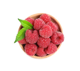 Fresh ripe raspberries in bowl isolated on white, top view