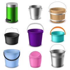 Buckets collection. Color empty plastic or metal bucketful with handle different types for liquids or garbage, garden or household containers realistic vector isolated set