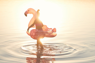 The end of the summer. Cute sad  child girl in a pink swimsuit holds an inflatable pink flamingo on...