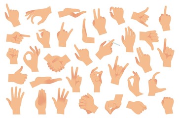 Obraz na płótnie Canvas Hand gestures. Various arms, human hands, ok, thumb up and pointing finger, pinch and fist. Optimistic or pessimistic arm gesture, interactive communication vector isolated set