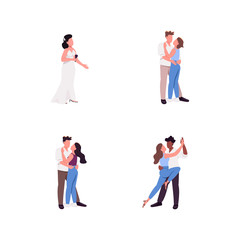 Obraz premium Couple flat color vector faceless character set. Dance performers. Man hug woman. Concert host. Entertainment people isolated cartoon illustration for web graphic design and animation collection