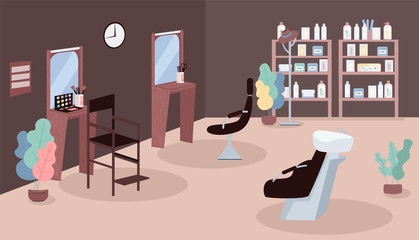 Beauty salon flat color vector illustration. Hairdressing and makeup studio. Hair styling. Luxury salon. Cosmetic treatment. Beauty parlor 2D cartoon interior with furniture on background