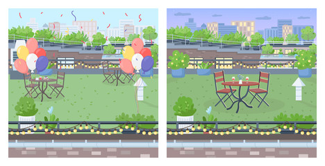 Rooftop for party flat color vector illustration set. Party celebration furniture on urban terrace. Romantic date in garden. Decorated roof 2D cartoon landscape with cityscape on background collection