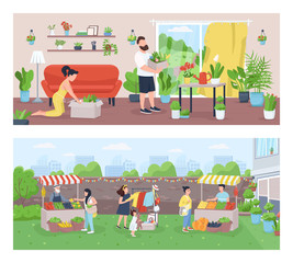 Gardeners and farmers flat color vector illustration set. Family growing houseplants. Farmer market. Community marketplace. Urban garden 2D cartoon landscape with characters on background collection