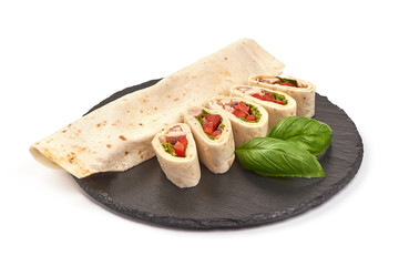 Chicken and vegetables wrapped in a tortilla, isolated on white background