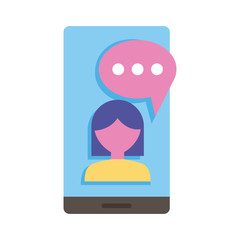 smartphone device with woman and speech bubble flat style icon