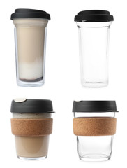 Set of glass takeaway coffee cups on white background