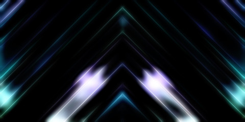 Abstract shining geometric lights background. Fractal symmetric graphic illustration. Intersecting glowing and shimmering bars.