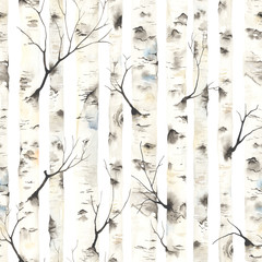 Birch trees with branches, watercolor seamless pattern. Forest illustration of stems on white background, nature template. - 372161952