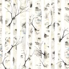 Wall murals Birch trees Birch trees with branches, watercolor seamless pattern. Forest illustration of stems on white background, nature template.