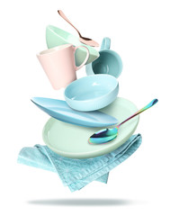 Set of clean tableware and napkin in flight on white background