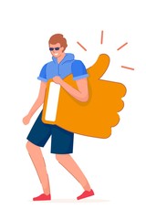 Good feedback. Young man blogger character carrying like thumbs-up symbol walking isolated on white background. Positive feedback and good recognition vector illustration