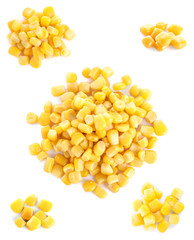 Collage with delicious canned corn on white background, top view