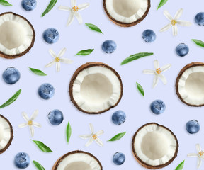 Tropical layout with fresh coconut and vanilla flowers on pale lavender background, top view