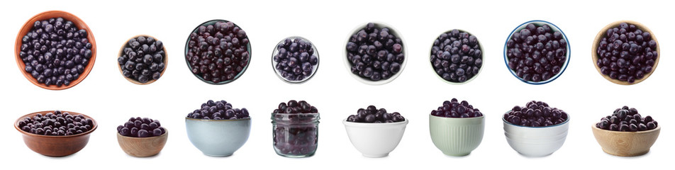Set of bowls with fresh acai berries on white background. Banner design